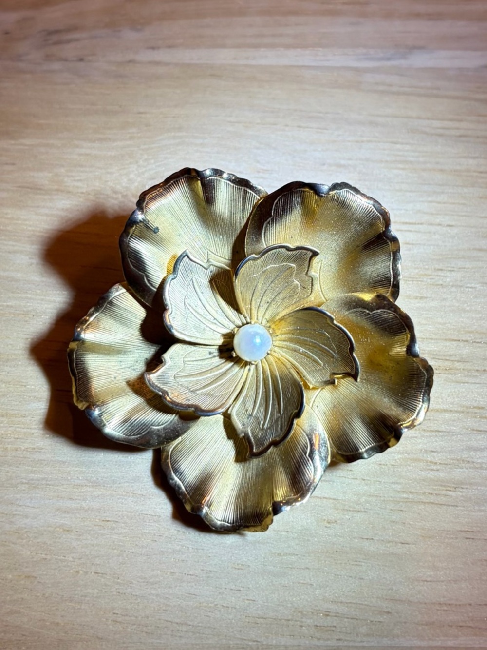 Vintage Gold CORO Flower Brooch with Faux Pearl Center